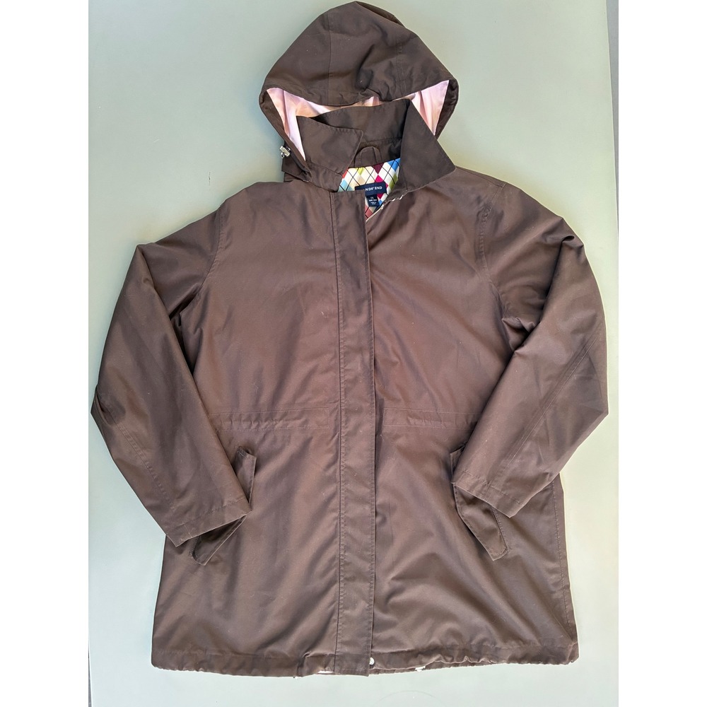 Lands End 1X Brown Hooded Rain Jacket Argyle Lining Full Zip Capsule Wardrobe